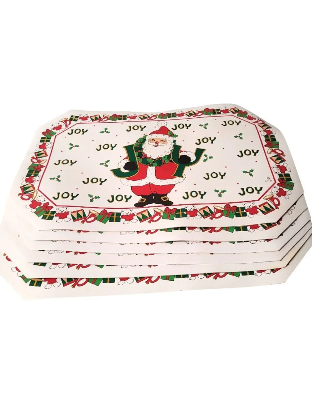 Vintage Vinyl Placemats Set 6 Christmas Santa Joy Teddy Bears Horns 18